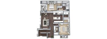 A detailed 3D floor plan of a modern apartment layout.