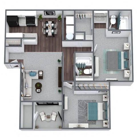 B2 2-Bed 2-Bath Floor Plan, 930SQFT