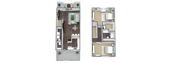 Two floor plans of a house with a living room, kitchen, and bedrooms.