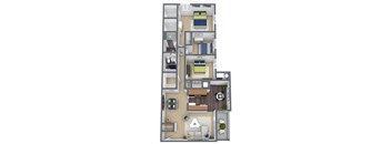 B2 3-Bed, 2-Bath Floor Plan 3D Image