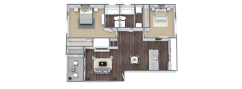A top-down view of a house layout with a living room, dining area, kitchen, and two bedrooms.