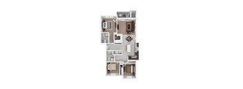 A floor plan of a house with a kitchen, living room, dining room, and two bedrooms.
