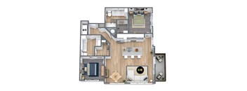 A floor plan of a house with a living room, kitchen, and dining area.