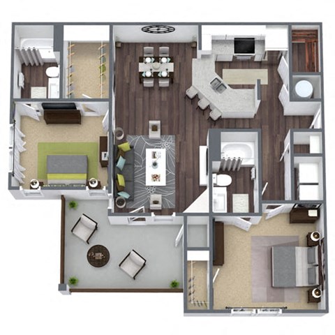 B3 Floor Plan, 2-Bed 2-Bath, 1,279 SQFT