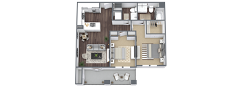 A top-down view of a house layout with a living room, kitchen, and bathroom.