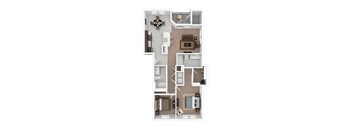 A floor plan of a house with a kitchen, living room, dining room, and two bathrooms.