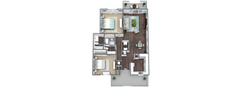 A detailed 3D floor plan of a house layout.