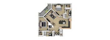 A top-down view of a house layout with a kitchen, living room, and bedrooms.