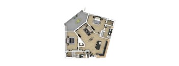 A 3D floor plan of a house with a kitchen, living room, and dining area.