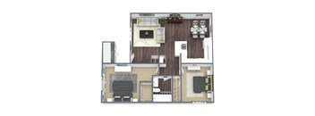 2-Bed 1-Bath  Floor Plan 3D Image