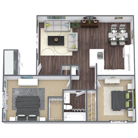 2-Bed 1-Bath  Floor Plan 3D Image