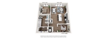 A floor plan of a two-bedroom apartment with a kitchen, living room, and bathroom.