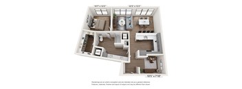 a stylized 3d floor plan with a bedroom and a living room