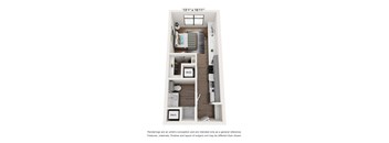 A floor plan of a small apartment with a kitchen, bathroom, and bedroom.