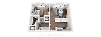 A floor plan of a small apartment with two bedrooms and a living area.
