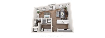 a stylized floor plan with a bedroom and a living room