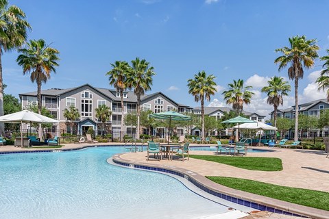 A swimming pool surrounded by palm trees and lounge chairs.