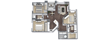 A detailed 3D floor plan of a house layout.