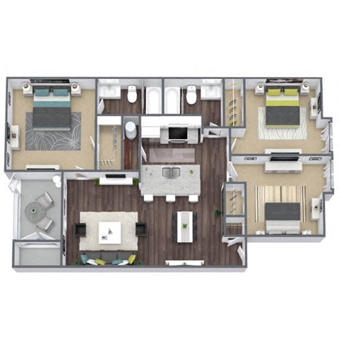 B2 Floor Plan, 3-Bed, 2-Bath, 1,008 SQFT.