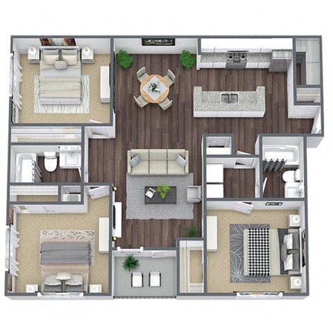3 Bed - 2 Bath Floor Plan, 1226 SQFT