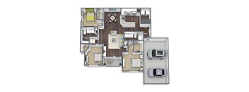 A detailed 3D floor plan of a house showing all rooms and their layouts.