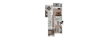 A floor plan of a small apartment with a kitchen, living room, and bathroom.