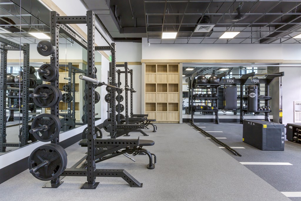 a view of the fitness center with weights machines and other equipment