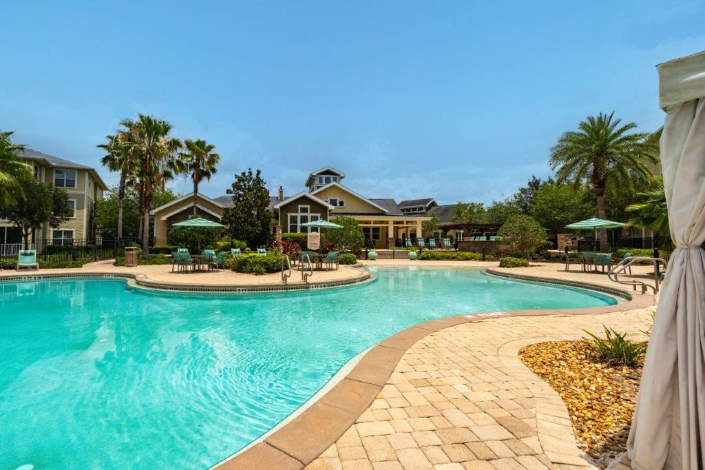 Swimming pool surrounded by palm trees and lounge chairs at Bridges at Crosstown in Tampa, FL