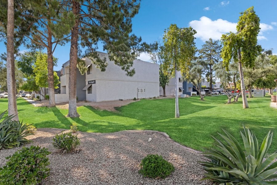a grassy area with trees and buildings in the background