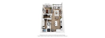 A 3D floor plan of a small apartment with a kitchen, living room, and bathroom.