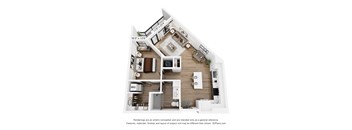 A 3D floor plan of a house with a kitchen, living room, and two bedrooms.