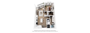 A 3D floor plan of a small apartment with a kitchen, living room, and bathroom.