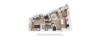 A 3D floor plan of a house with a kitchen, living room, and bathroom.