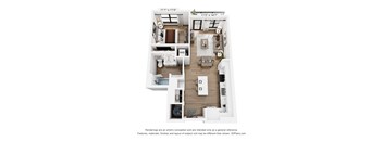 A floor plan of a two-bedroom apartment with a living room, kitchen, and bathroom.