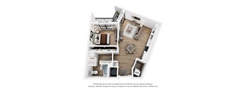 A 3D floor plan of a small apartment with a kitchen, living room, and bathroom.