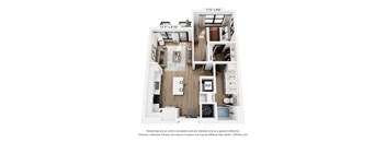 A 3D floor plan of a small apartment with a kitchen, living room, and bathroom.
