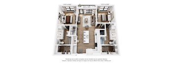 A floor plan of a two-bedroom apartment with a living room, kitchen, and bathroom.