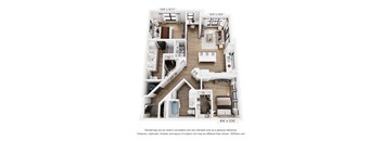 A 3D floor plan of a house with a kitchen, living room, and bathrooms.