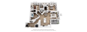 A floor plan of a two-bedroom apartment with a living room, kitchen, and bathroom.