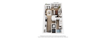 A 3D floor plan of a small apartment with a kitchen, living room, and bathroom.