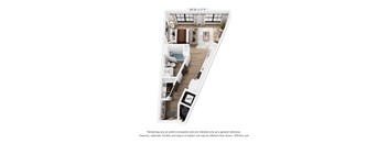 A 3D floor plan of a small apartment with a kitchen, living room, and bedroom.
