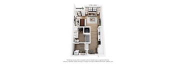 A 3D floor plan of a small apartment with a kitchen, living room, and bathroom.