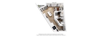 A 3D floor plan of a small apartment with a kitchen, living room, and bedroom.