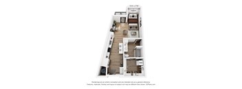 A floor plan of a two-bedroom apartment with a living room, kitchen, and bathroom.