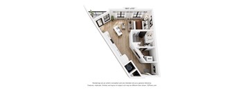 A floor plan of a room with a kitchen, living room, and bathroom.