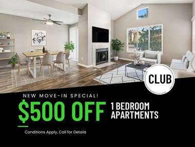 Model living room with advertisement showing a $500 off 1 bedroom apartments