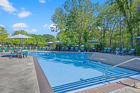 Shrewsbury, MA Apartments Near Westfield Mall - Commons at Haynes Farm - Sparkling Swimming Pool With Sundeck, Lounge Chairs, Shade Umbrellas, And Tree Lined Views Around The Deck