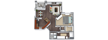A top-down view of a house layout with a living room, dining area, kitchen, and bathroom.