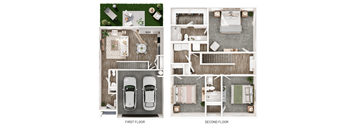 a floor plan of a house and a car in a garage