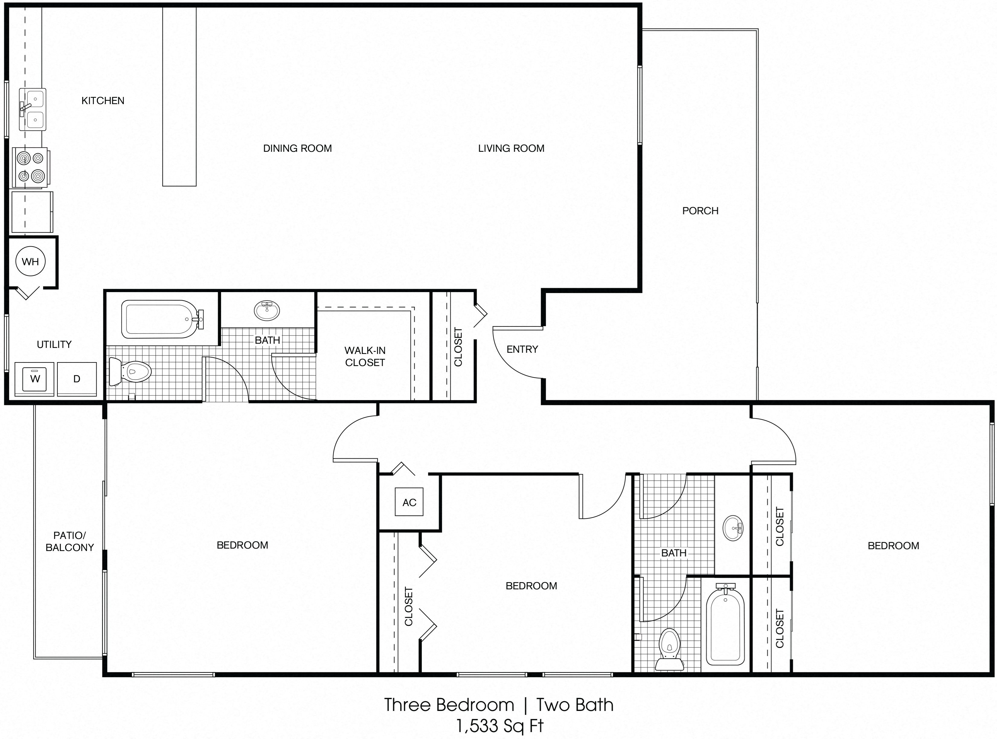 3 bedroom 2 bathroom floor plan